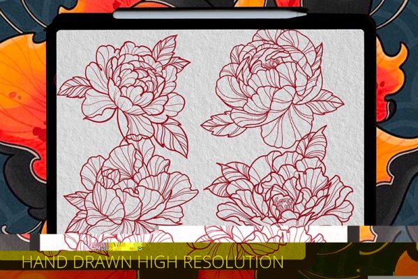 40 Peony Flower Tattoo Patterns Procreate Brushes Free download ...