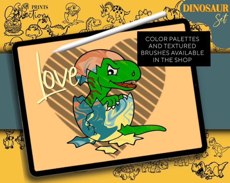 150 Cartoon Dinosaur Line Drawing Procreate Brushes Free download ...