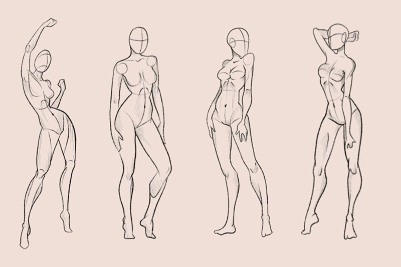 Sketch of the female body. Girl model Front and back view. Pose hands on  the belt.