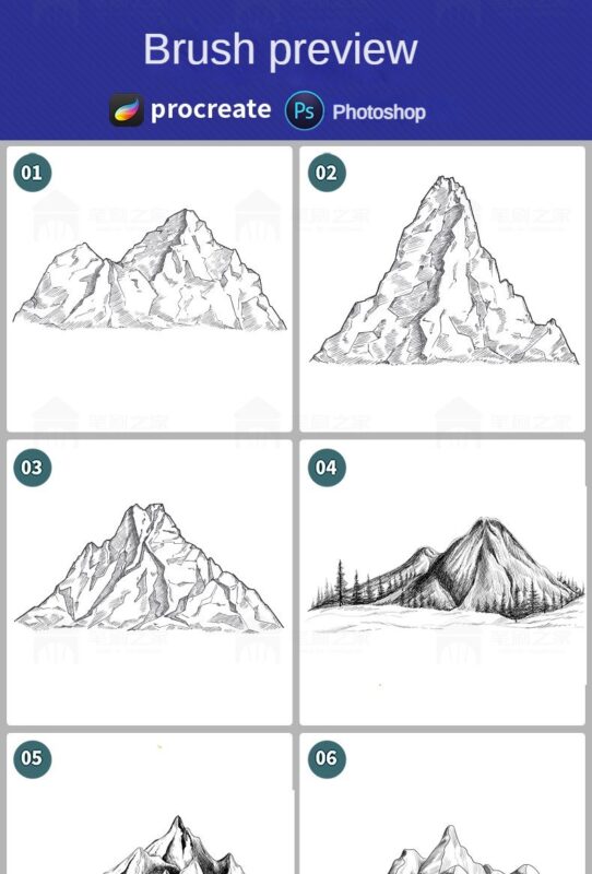procreate brushes alpine mountains watercolor line drawing photoshop ...